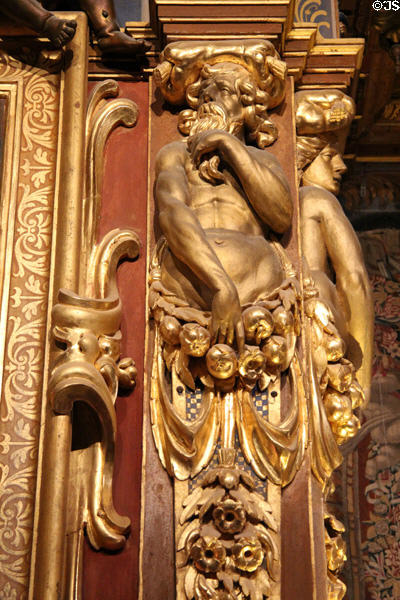 Fireplace surround detail in King's bedchamber at Cheverny Chateau. Cheverny, France.
