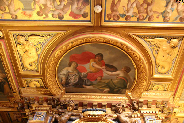 Scene from myth of Perseus & Andromeda on coffered ceiling in King's bedchamber at Cheverny Chateau. Cheverny, France.
