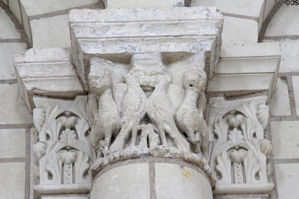 Animals carved on interior church column at Fontevraud Abbey. Fontevraud, France.