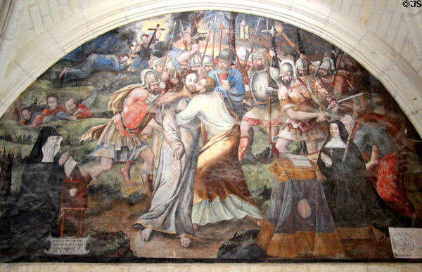 Agony in Gethsemane & betrayal by Judas & arrest of Christ mural in Chapterhouse at Fontevraud Abbey. Fontevraud, France.