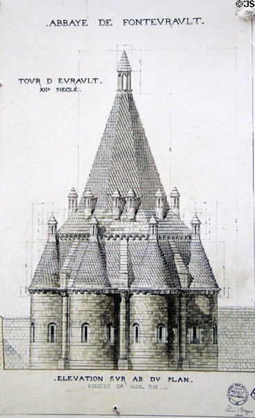 Drawing (1903) of current version of kitchen building in Evrault tower at Fontevraud Abbey. Fontevraud, France.
