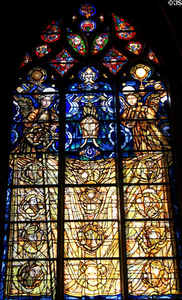 Modern stained glass honoring bishops of Orleans by Pierre Carron at Orleans Cathedral. France.