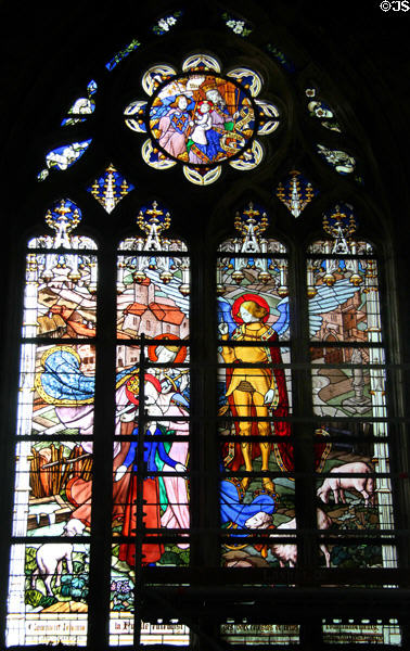 Joan hears heavenly voices in Domrémy panel from life of Joan of Arc stained glass windows (1893-7) by J. Galland & E. Gibelin at Orleans Cathedral. France.