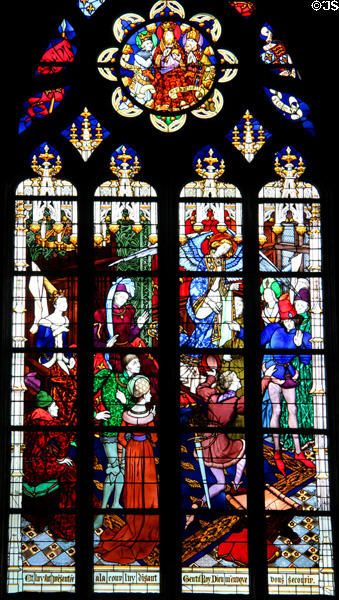Joan recognizes Charles VII as king in Chinon panel from life of Joan of Arc stained glass windows (1893-7) by J. Galland & E. Gibelin at Orleans Cathedral. France.