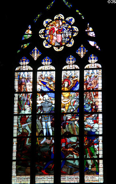 Joan leads capture of Fort des Tourelles panel from life of Joan of Arc stained glass windows (1893-7) by J. Galland & E. Gibelin at Orleans Cathedral. France.