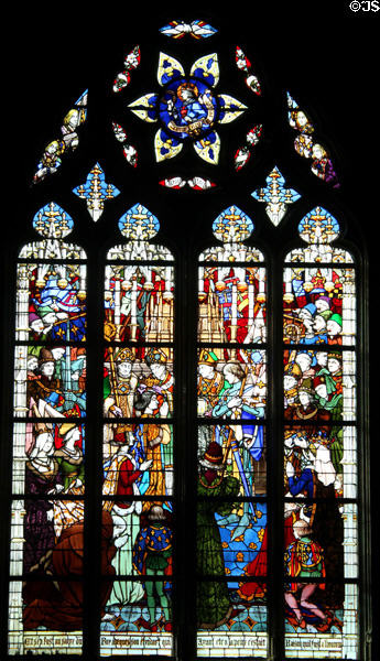Charles VII coronation in Reims panel from life of Joan of Arc stained glass windows (1893-7) by J. Galland & E. Gibelin at Orleans Cathedral. France.