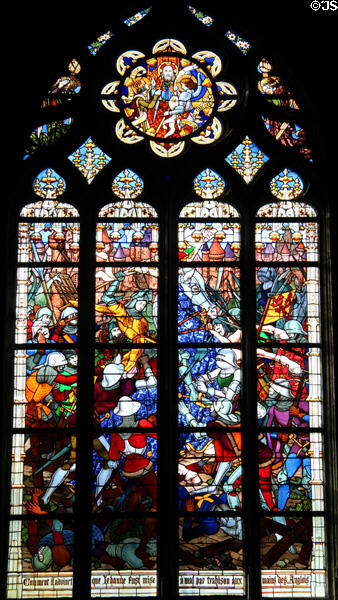Joan captured by English at Compiègne panel from life of Joan of Arc stained glass windows (1893-7) by J. Galland & E. Gibelin at Orleans Cathedral. France.