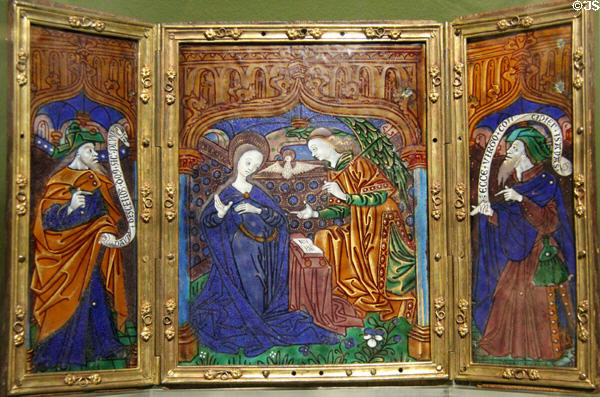 Annunciation triptych (end 15th-early 16thC) by master of Orleans triptych from Limoges at Orleans Beaux Arts Museum. Orleans, France.