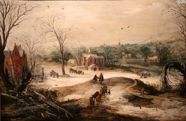 Winter landscape painting by Joos II de Momper with figures prob. by Jan Brueghel the Elder at Orleans Beaux Arts Museum. Orleans, France.