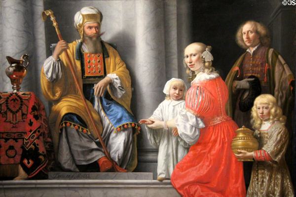 Family presented to grand priest Héli (1668) by Lambert Doomer of circle of Rembrandt in Amsterdam at Orleans Beaux Arts Museum. Orleans, France.