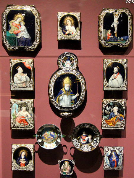 Collection of Limoges plaques & cups (17-18thC) painted with religious & classical themes at Orleans Beaux Arts Museum. Orleans, France.