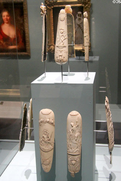 Collection of ivory tobacco snuff graters (early 18thC) at Orleans Beaux Arts Museum. Orleans, France.