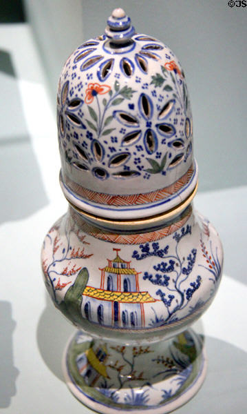 Faience sugar shaker (2nd quarter 18thC) by Manuf. Gillebaud of Rouen at Orleans Beaux Arts Museum. Orleans, France.