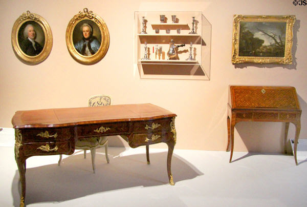 French writing desks (17thC) under painting & silver vessels of era at Orleans Beaux Arts Museum. Orleans, France.