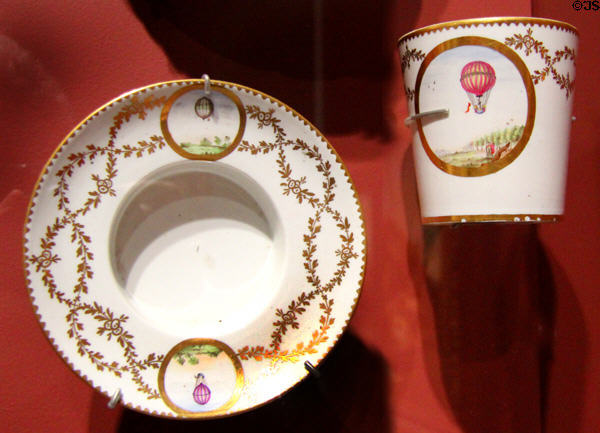 French porcelain cup & saucer (late 18thC) with image of hot air balloon at Orleans Beaux Arts Museum. Orleans, France.