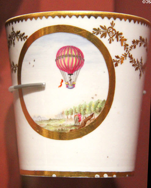 French porcelain cup (late 18thC) with image of hot air balloon at Orleans Beaux Arts Museum. Orleans, France.