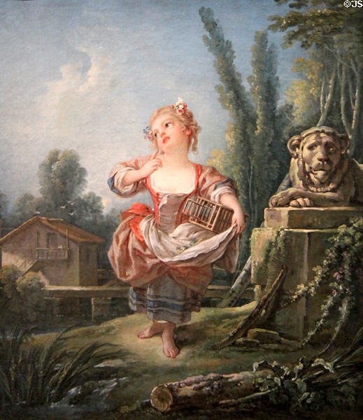 Little girl with bird cage painting by François Boucher at Orleans Beaux Arts Museum. Orleans, France.
