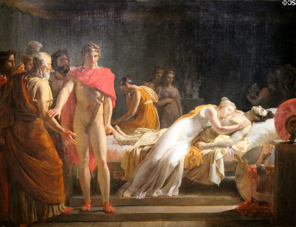 Briseis laments death of Patroclus in Homer's Iliad painting (1815) by Léon Cogniet at Orleans Beaux Arts Museum. Orleans, France.