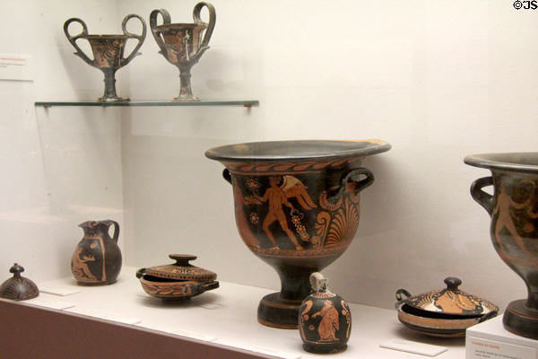 Ancient red-on-black Grecian style pottery (2nd half of 4thC BCE) at Antibes Archeology Museum. Antibes, France.