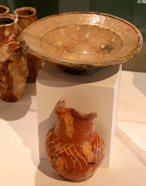 Glazed ceramic plate (16thC) & jug at Antibes Archeology Museum. Antibes, France.