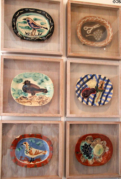 Section of ceramic plate display featuring birds (1947-48) by Pablo Picasso at Picasso Museum. Antibes, France.