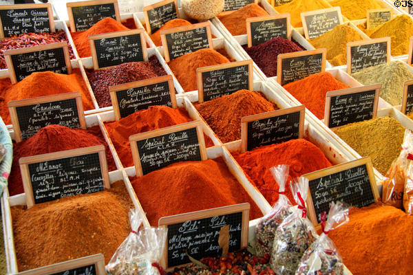 Spice & herb display at Market Hall. Antibes, France.
