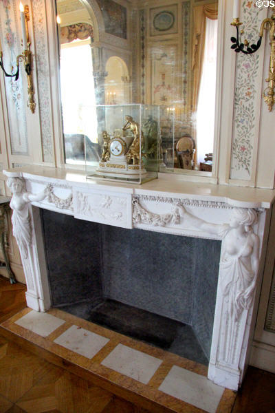 Carved marble fireplace in Grand Salon at Villa Ephrussi de Rothschild. Saint Jean Cap Ferrat, France.
