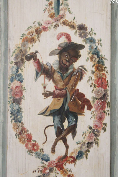 Wall panel depicting costumed monkey pouring wine in Monkey salon at Villa Ephrussi de Rothschild. Saint Jean Cap Ferrat, France.