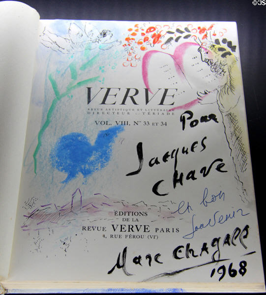 Verve book (1956) dedication signed & decorated (1968) by Marc Chagall at Chagall Museum. Nice, France.