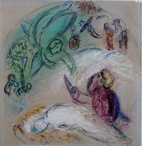 Sacrifice of Isaac in crayon, pastel & India ink (1960-66) by Marc Chagall at Chagall Museum. Nice, France.