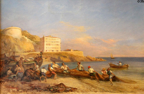 Fishers pulling their nets at seashore of Ponchettes (mid 19thC) painting by Ercole Trachel at Masséna Museum. Nice, France.