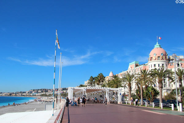 View of sea, beach & luxury hotels from Promenade des Anglais. Nice, France.