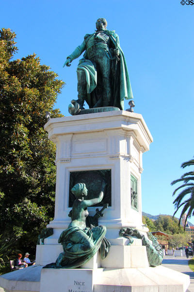 Statue with the enigmatic inscription "Nice à Massena 1809 - 1909" along Promenade du Paillon. Nice, France.