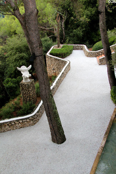 Miró Labyrinth with stone walls & sculpture by Joan Miró at Fondation Maeght. St Paul de Vence, France.