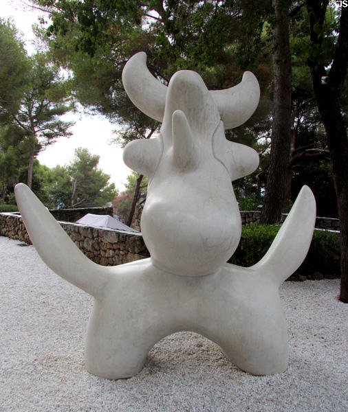 Miró bull-like marble sculpture in Miró Labyrinth at Fondation Maeght. St Paul de Vence, France.