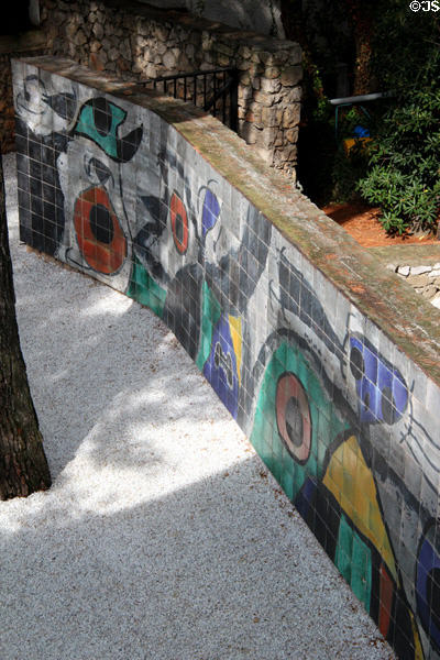 Miró painted tile wall in Miró Labyrinth at Fondation Maeght. St Paul de Vence, France.