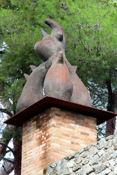 Miró sculpture atop brick tower in Miró Labyrinth at Fondation Maeght. St Paul de Vence, France.
