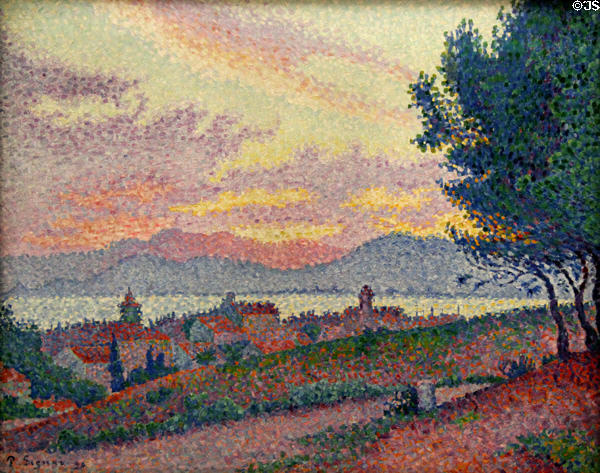 View of St. Tropez at sunset in pine woods (Vue de Saint-Tropez, coucher de soleil au bois de pins) painting (1896) by Paul Signac at Museum of the Annonciade. St Tropez, France.