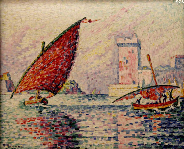 Marseille, fishing boats & Fort St Jean (Marseille, barques de pêche ou le Fort de Saint-Jean) painting (1907) by Paul Signac at Museum of the Annonciade. St Tropez, France.