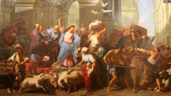 Christ chasing merchants from the temple painting (1706) by Jean Jouvenet at Beaux-Arts Museum. Lyon, France.