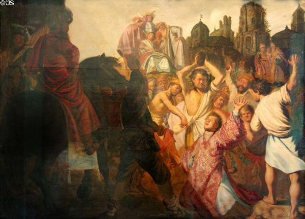 Stoning of St Stephen painting (1625) by Rembrandt van Rijn at Beaux-Arts Museum. Lyon, France.