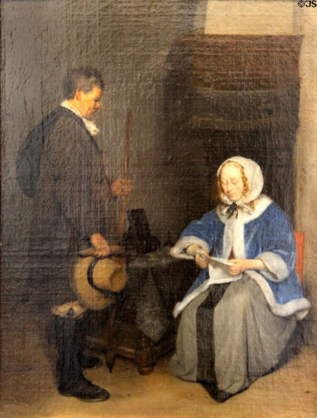 Woman reading a letter before a messenger painting (c1660) by Gerard ter Borch the Younger at Beaux-Arts Museum. Lyon, France.