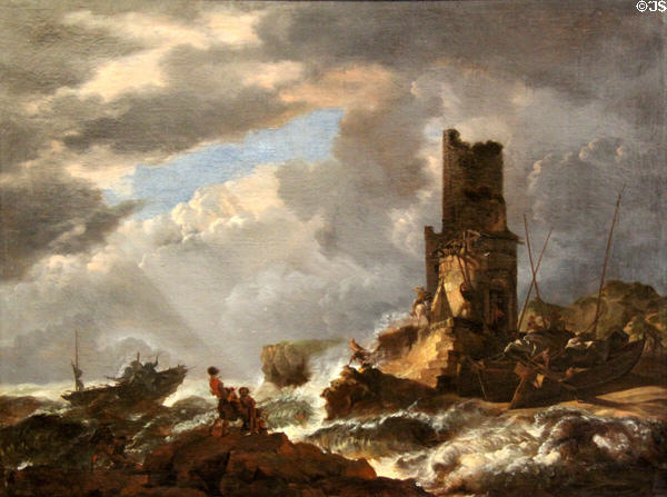 Shipwreck on coast painting (1600s) by Joost van Geel at Beaux-Arts Museum. Lyon, France.