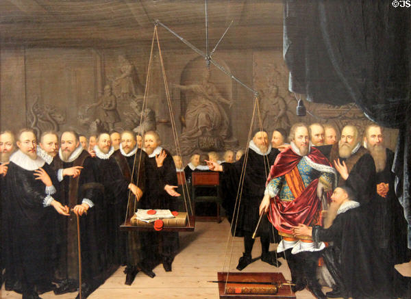 Allegory of theological dispute between Arminianists & opponents in 1618 painting (1721) by Abraham van der Eyk at Beaux-Arts Museum. Lyon, France.