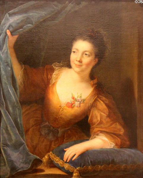 Portrait of woman raising curtain (prior 1734) by Jean Raoux at Beaux-Arts Museum. Lyon, France.