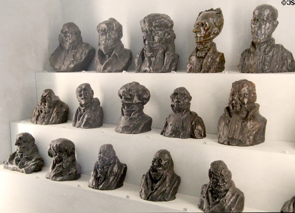 Sculpted bronze heads of celebrities of Juste Milieu (cast after 1929) by Honoré Daumier at Beaux-Arts Museum. Lyon, France.