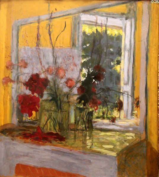 Flowers on mantel aux Clayes painting (c1932-5) by Edouard Vuillard at Beaux-Arts Museum. Lyon, France.