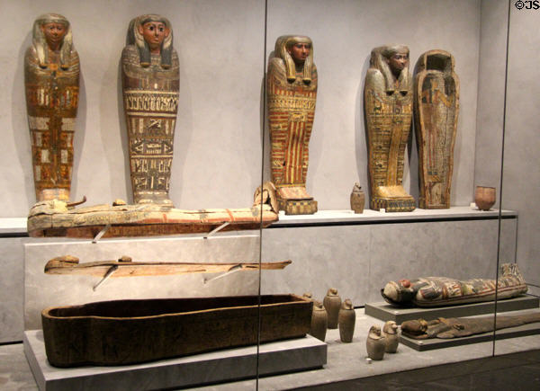 Collection of Egyptian mummy coffins at Beaux-Arts Museum. Lyon, France.