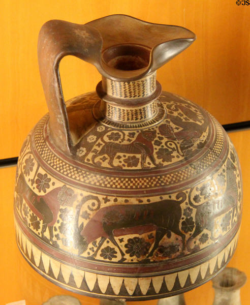 Corinthian ceramic oenochoe vessel painted with animals (c620-590 BCE) at Beaux-Arts Museum. Lyon, France.
