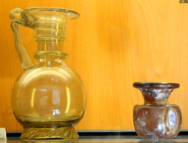 Roman glass flasks & small pot at Beaux-Arts Museum. Lyon, France.
